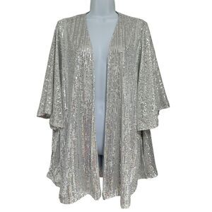 Savanna Jane Silver Sequin Short Sleeve Open Kimono Cardigan Size L NWT